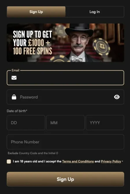 Harry Casino registration form with date of birth and phone fields