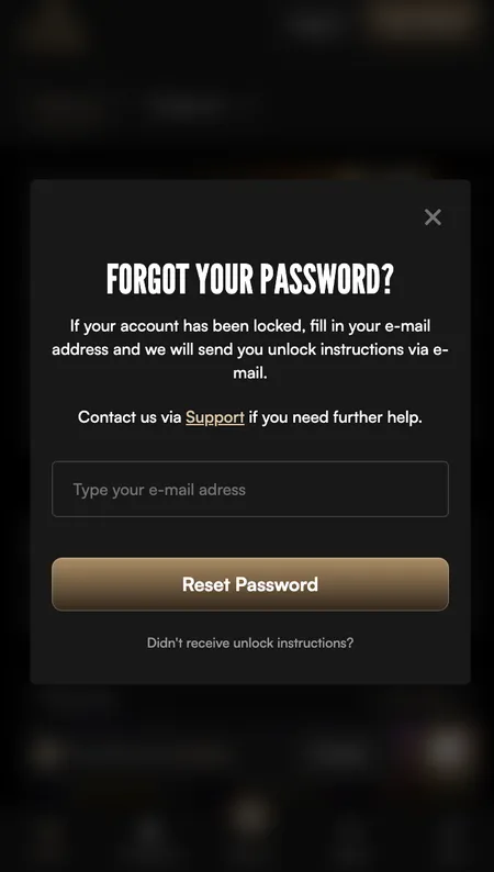 Harry Casino password reset screen